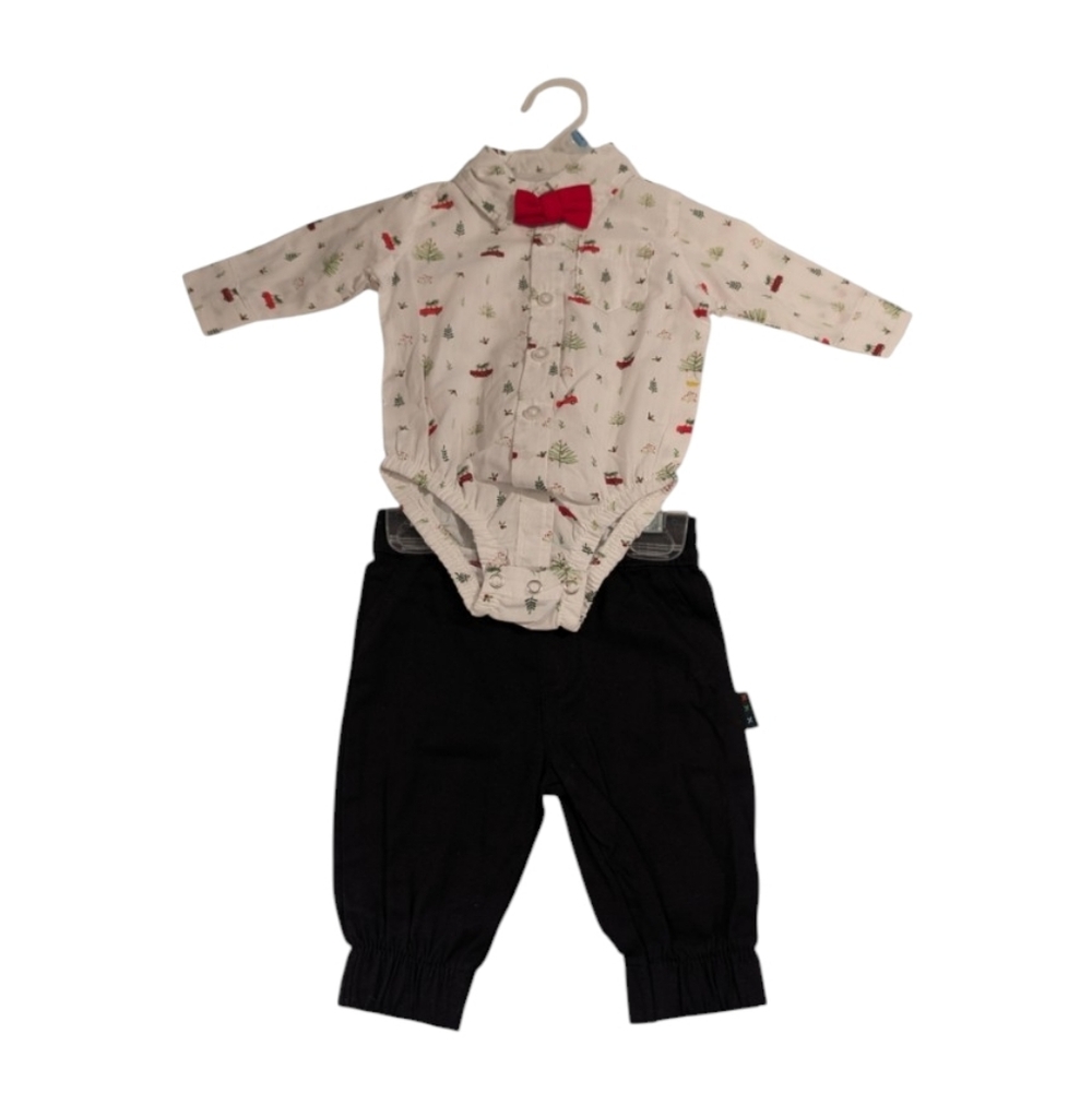 Buttons And Thread Christmas Holiday Baby Outfit with Bow Tie Size 0/3 Months